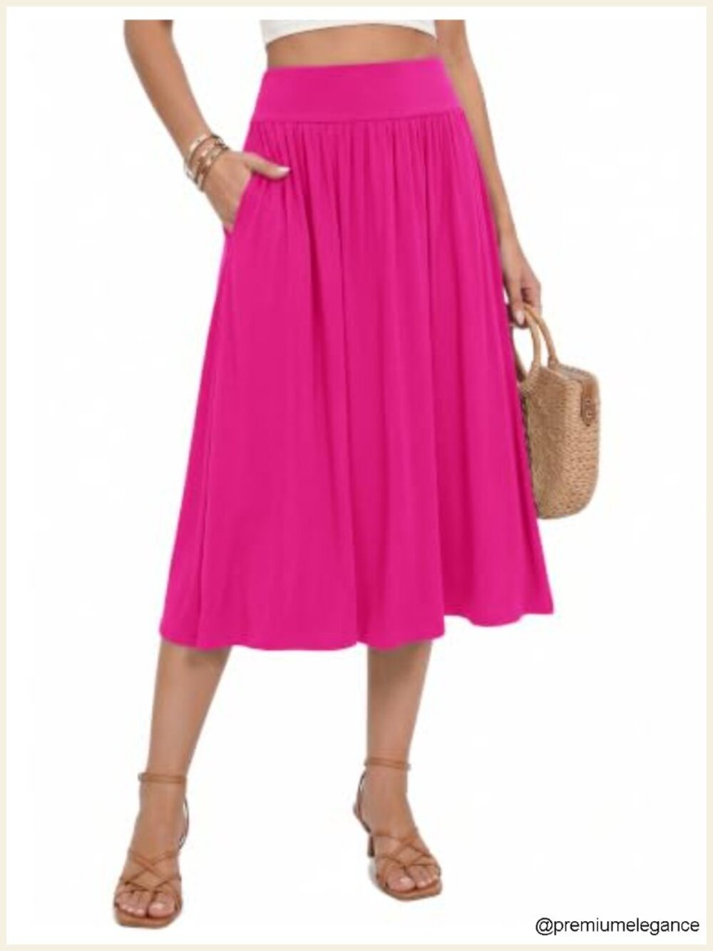 Midi Skirt Wide Waistband Casual Skirts with Pockets Flowy A-Line
